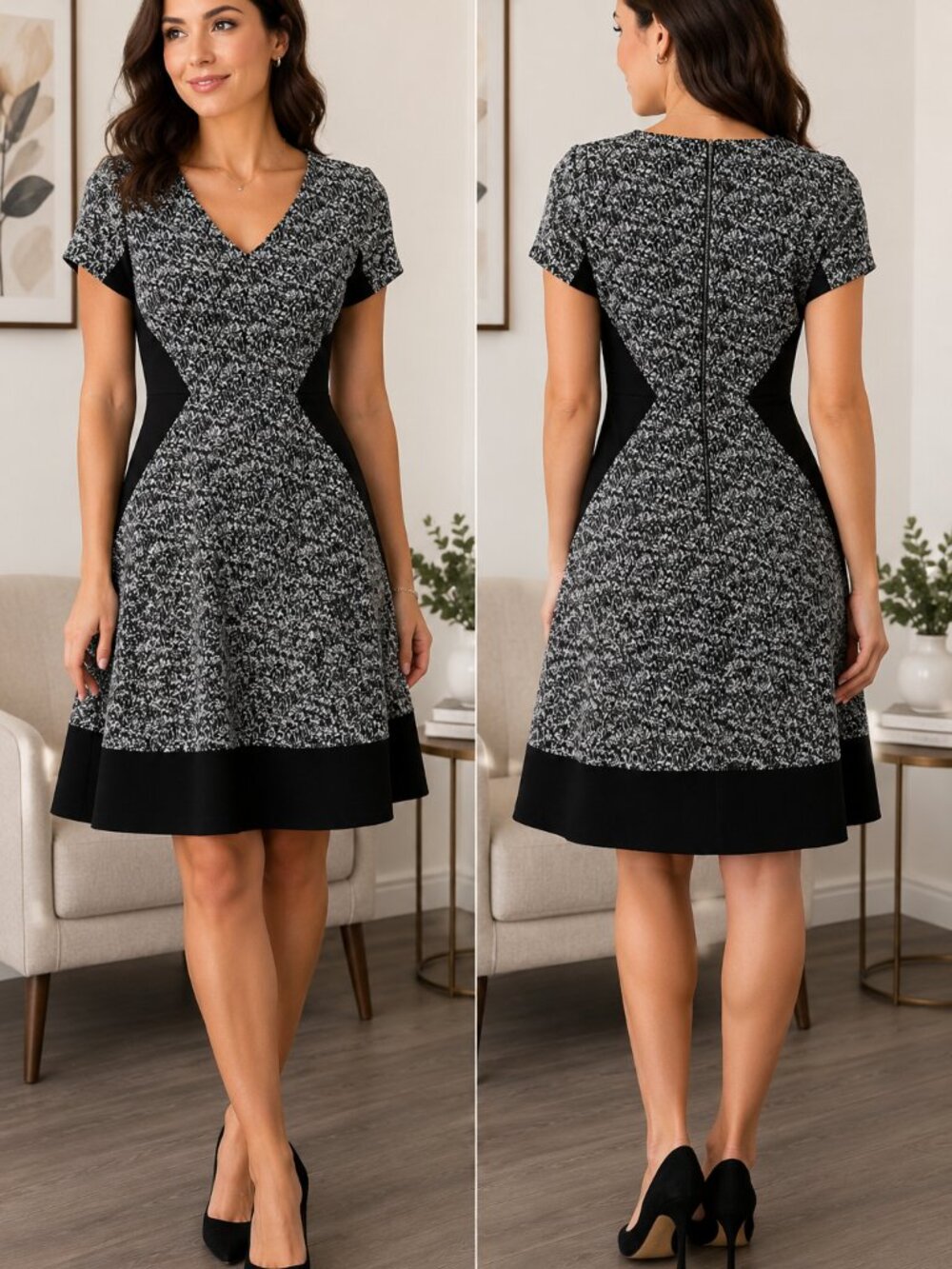 Banana Republic Black and White Fit-and-Flare V-Neck Mini Dress